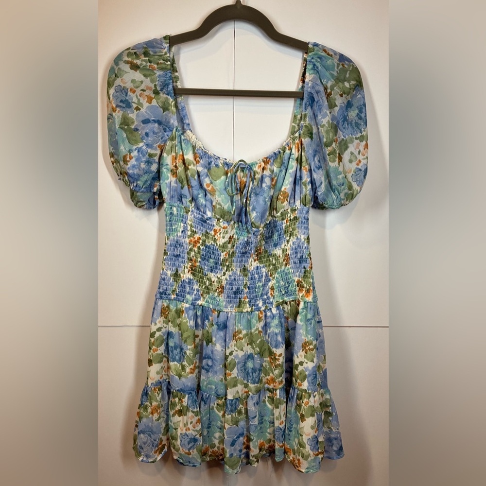 Sky to Moon Blue/Green Floral Puff-Sleeve/Smocked Bodice Mini Dress Size Small
